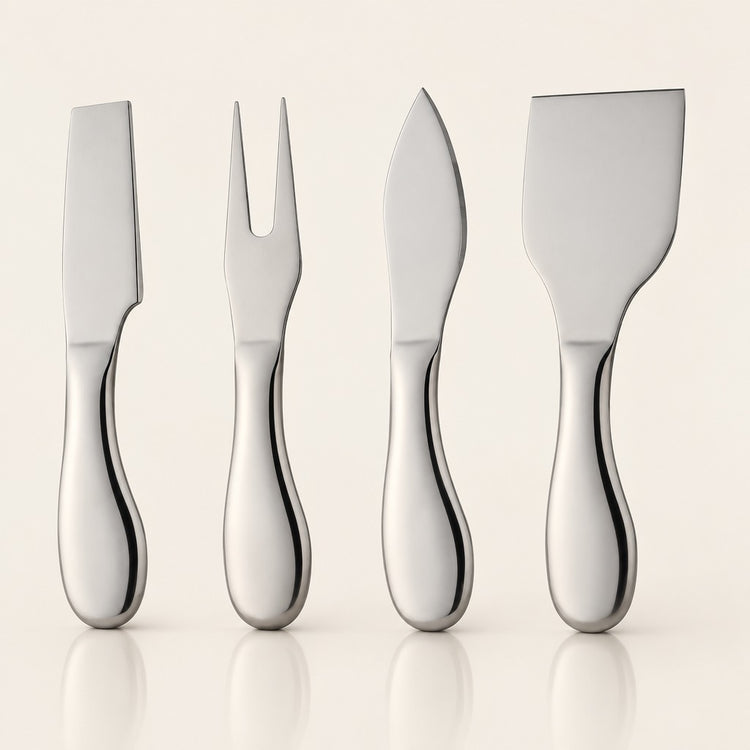 Four polished stainless steel cheese knives with curved handles, arranged in a row against a warm off-white background with soft reflections below.