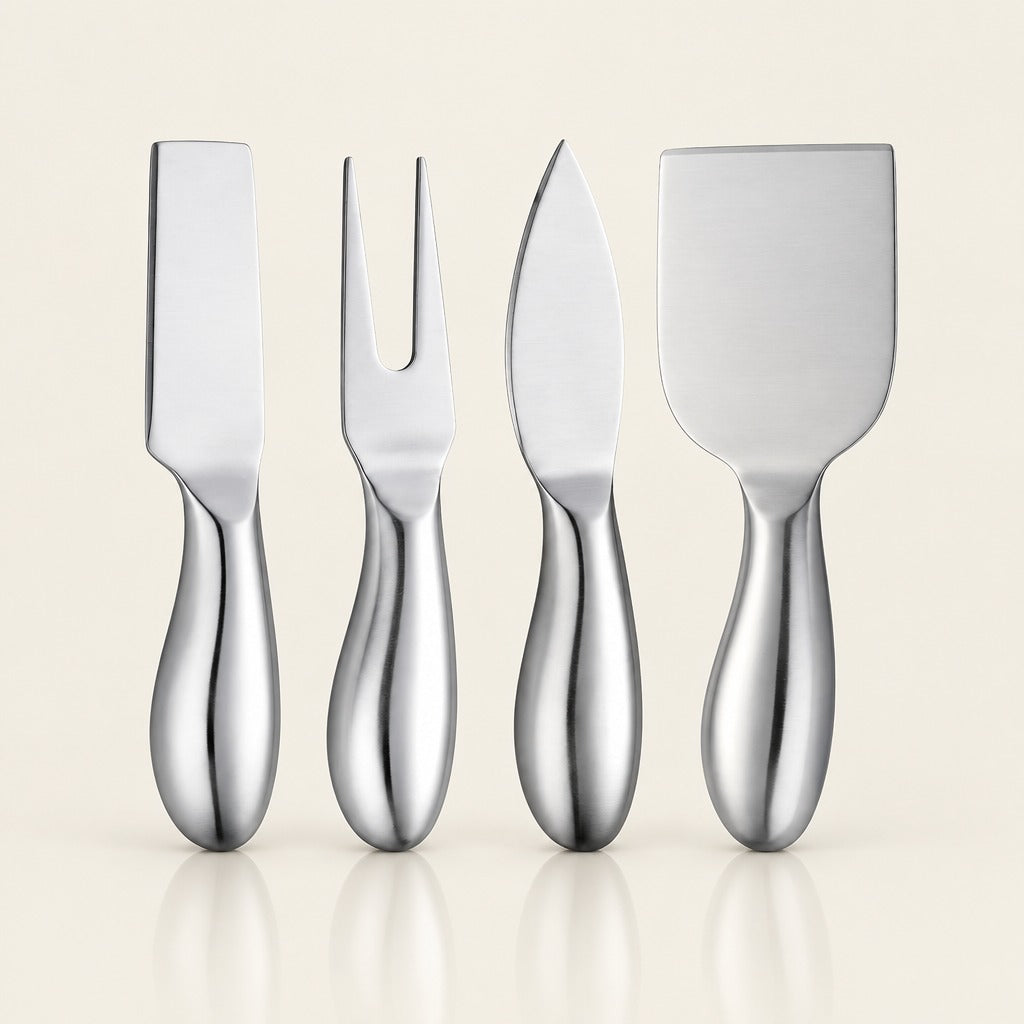 Four stainless steel cheese and charcuterie tools with ergonomic handles, arranged in a row against a warm off-white background.