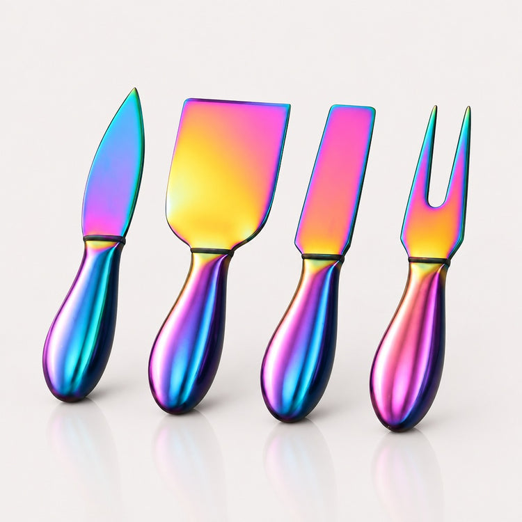 Four iridescent metal pastry tools with colorful rainbow handles, including a knife, spatula, scraper, and fork, arranged on a light gray reflective surface.