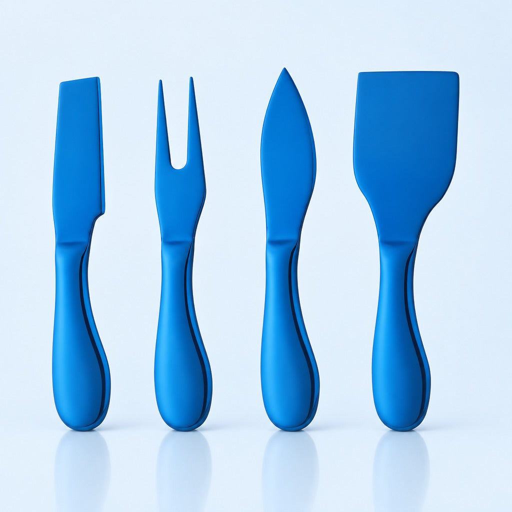 Four blue kitchen utensils with ergonomic handles, including a spatula, a fork, a spreader, and a scraper, arranged upright on a light blue reflective surface.