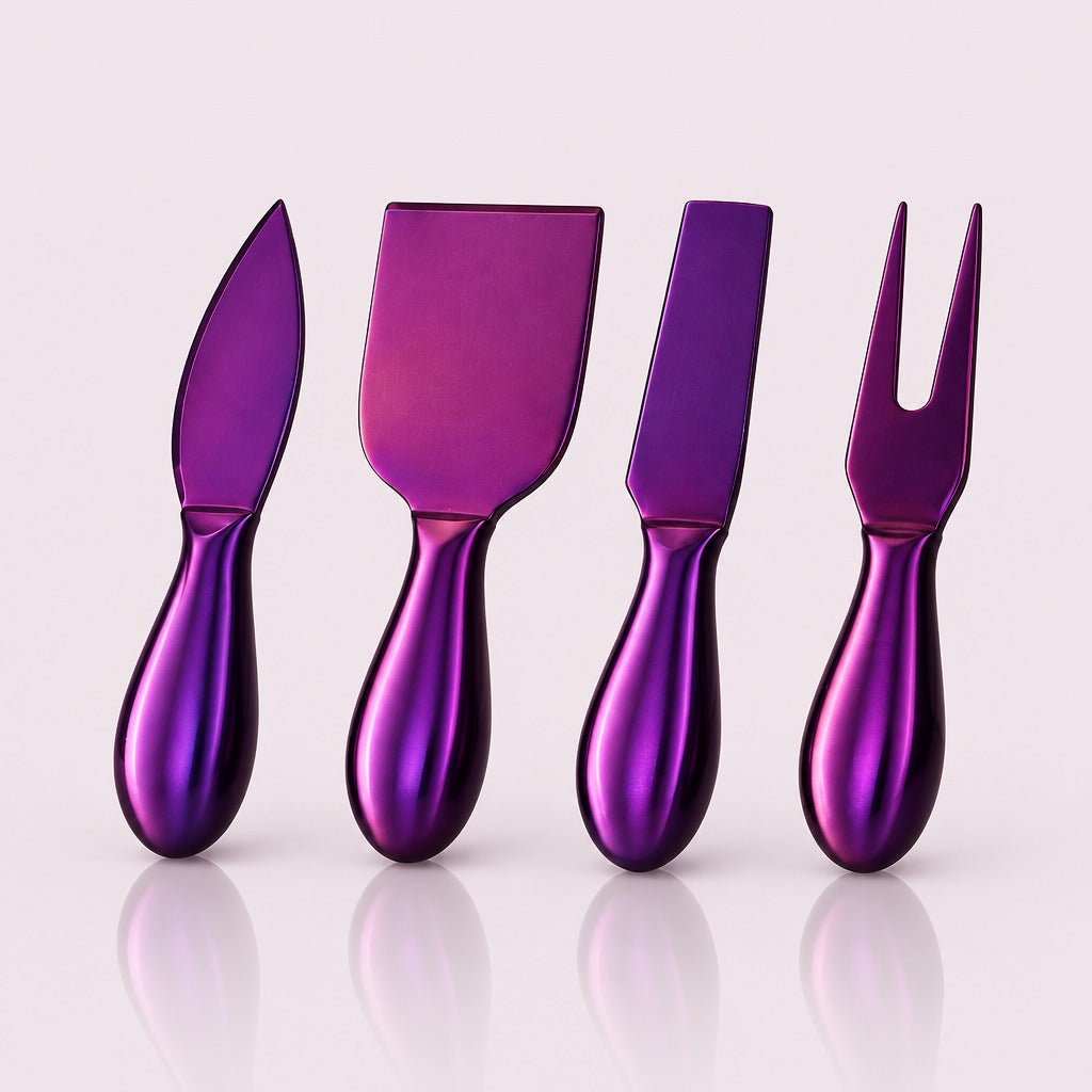 Four metallic purple cheese knives and spreaders with matching handles, arranged in a row on a light pink background with soft reflections below.
