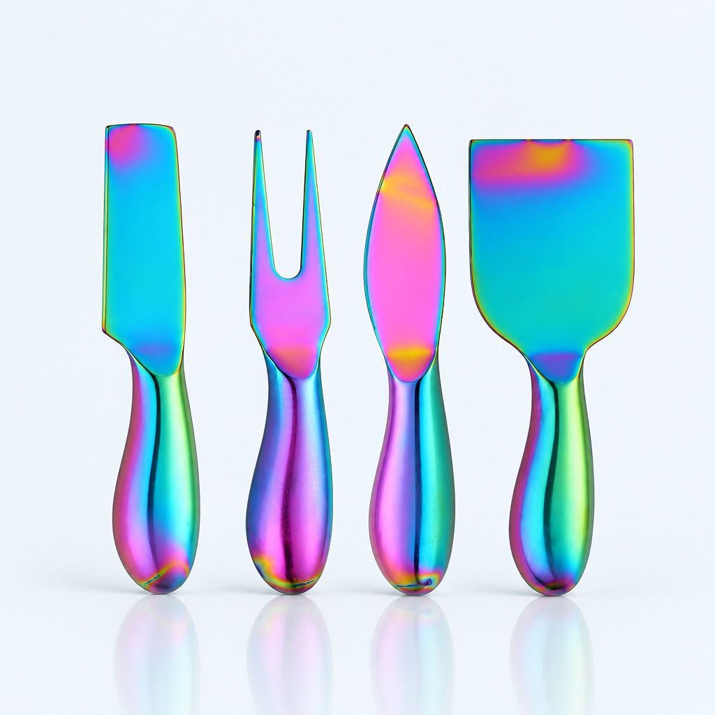 Four iridescent stainless steel serving utensils with colorful rainbow reflections, standing upright on a clean white background with a soft reflection below.