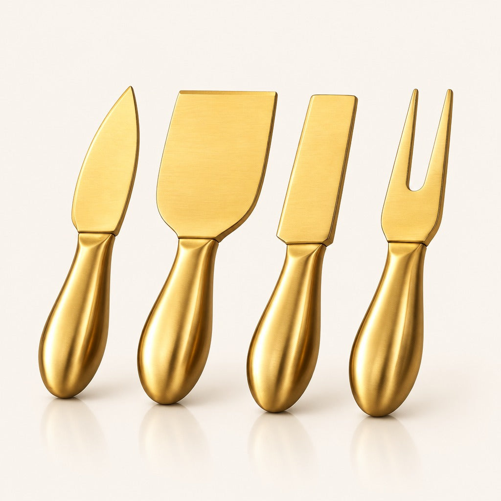 Four metallic gold cheese knives and spreaders with smooth handles, arranged in a row on a clean off-white background.