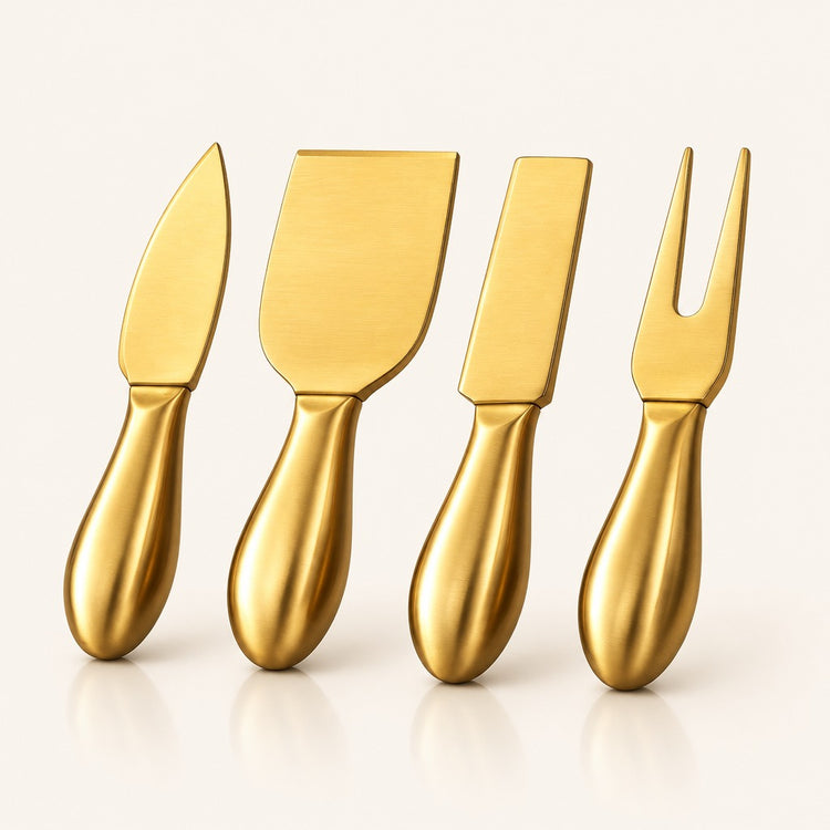 Four metallic gold cheese knives and spreaders with smooth handles, arranged in a row on a clean off-white background.