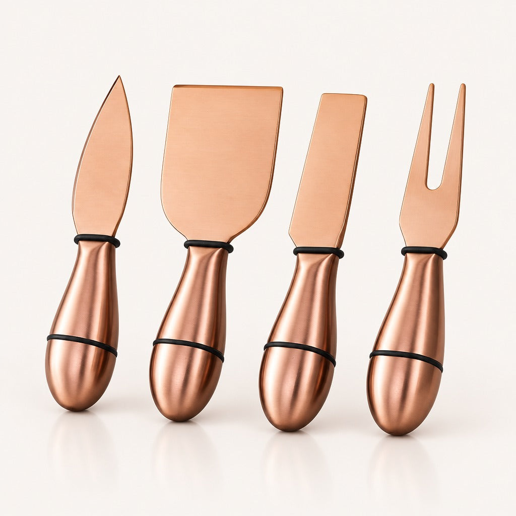 Four metallic copper-colored cheese and fruit utensils with black bands near the handles, arranged upright on a clean white background.