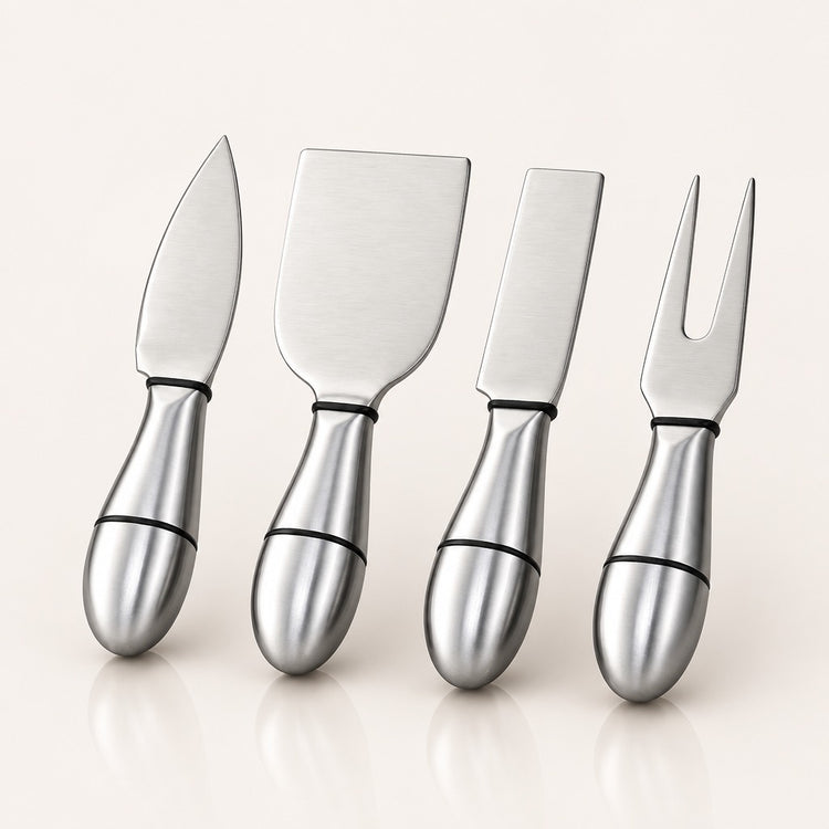 Four stainless steel cheese knives with matching metallic handles, arranged in a row on a light beige background with soft reflections.