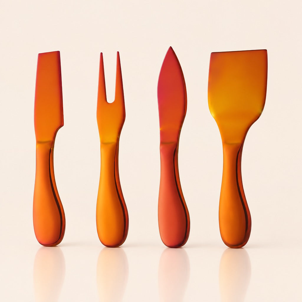 Four translucent orange and red glass serving utensils, including a knife, a two-pronged fork, a spreader, and a large spatula, arranged in a row on a light beige background with soft reflections below.