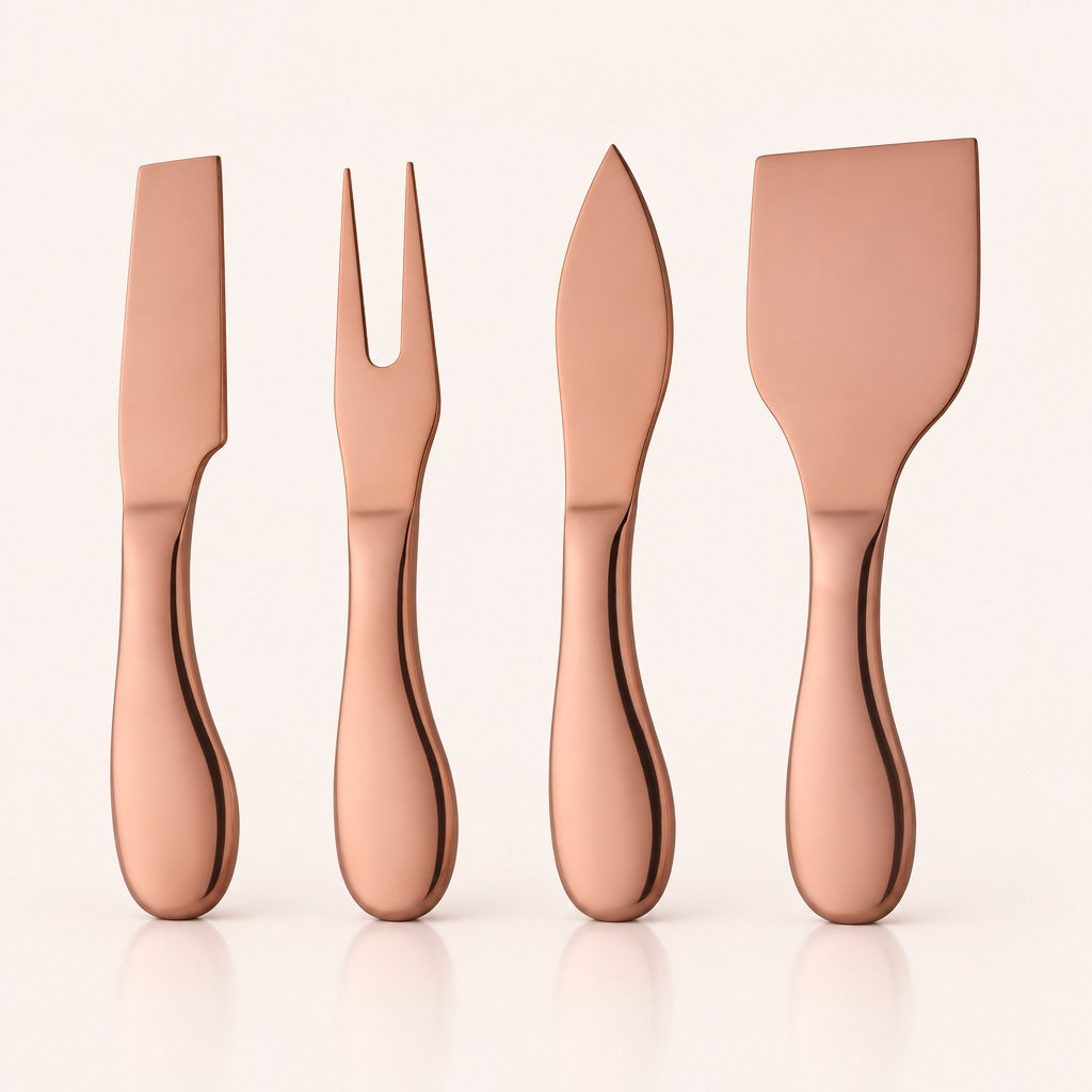 Four metallic cheese knives in a rose gold finish, arranged vertically on a clean off-white background with soft reflections below.