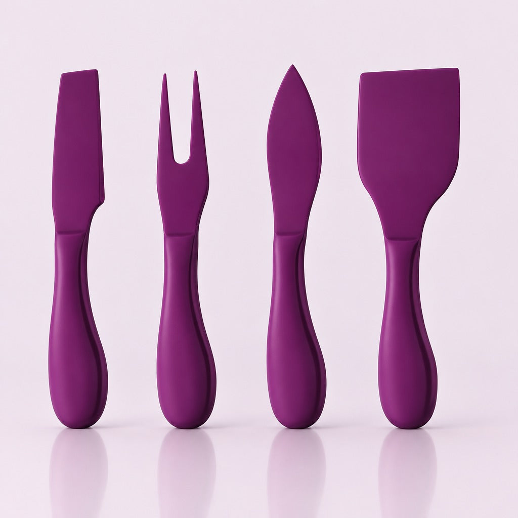 Four purple silicone cheese and wine utensils with ergonomic handles, arranged upright on a light pink reflective surface.