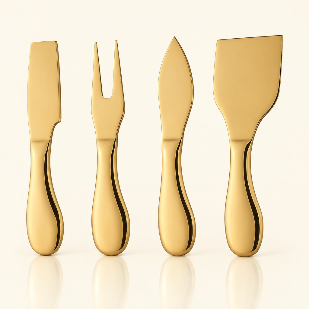 Four gold-colored metal cheese knives with polished handles, arranged in a row against a warm off-white background with soft reflections below.
