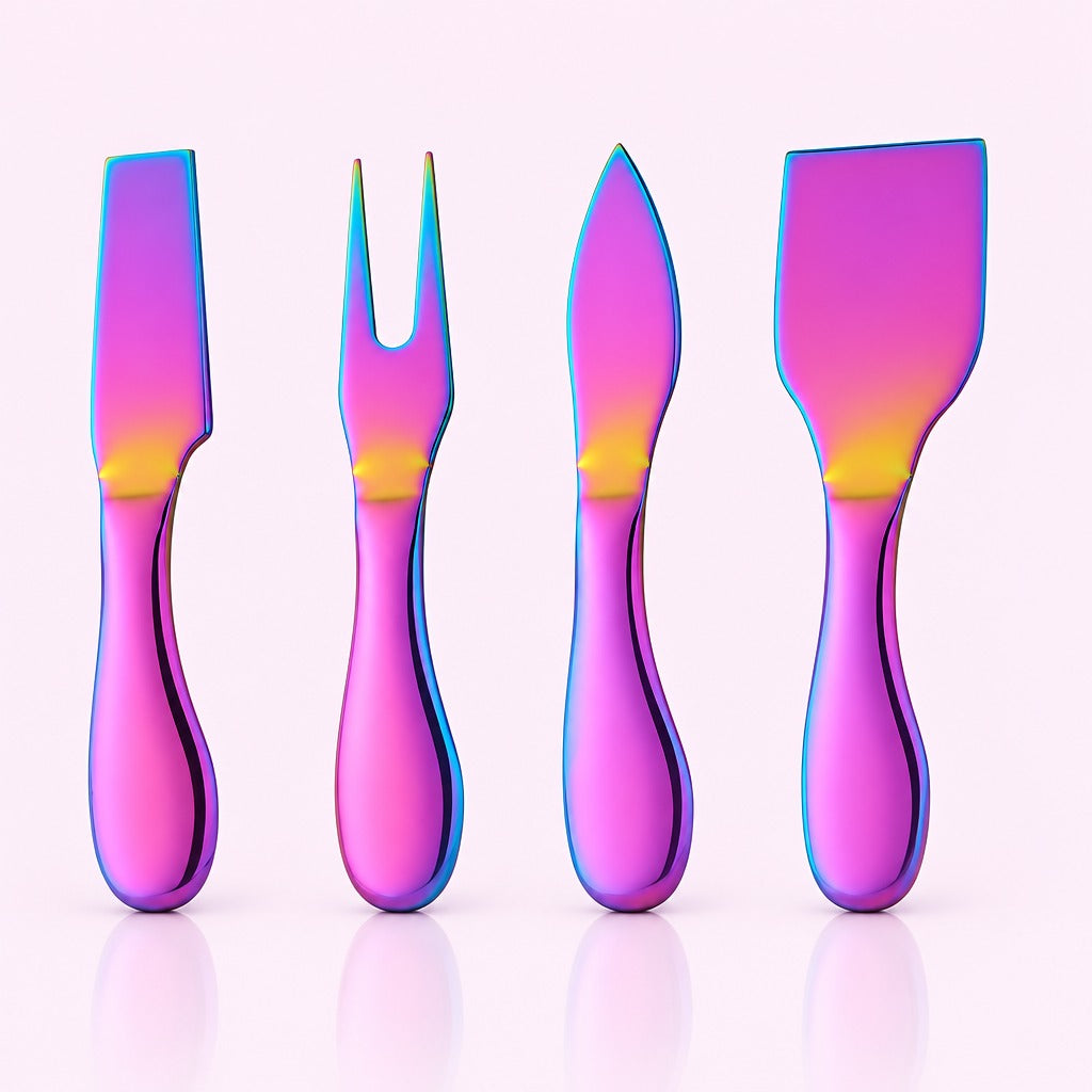 Four iridescent cake and pastry tools with handles, including a spatula, fork, knife, and scraper, arranged in a row on a light pink background.