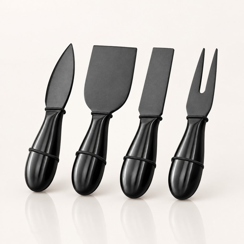 Four black cheese knives with glossy handles, including a knife, a spatula, a straight knife, and a fork, arranged in a row on a light off-white background.