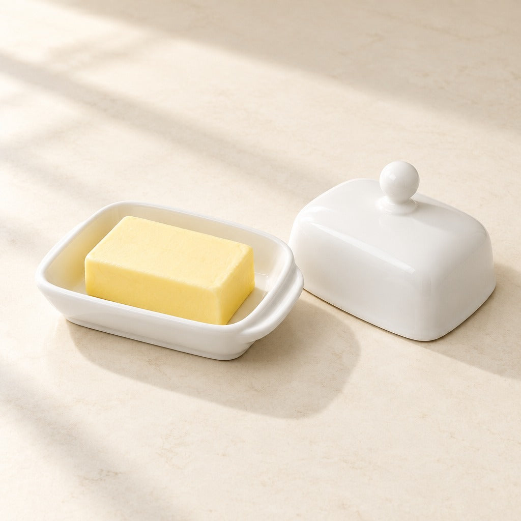 A white ceramic butter dish with a matching lid and knob, shown on a light beige surface with a yellow bar of butter inside the dish. The scene is softly lit with natural shadows.