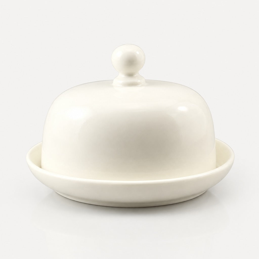 A white ceramic butter dish with a matching dome lid featuring a small round knob, set against a clean white background.