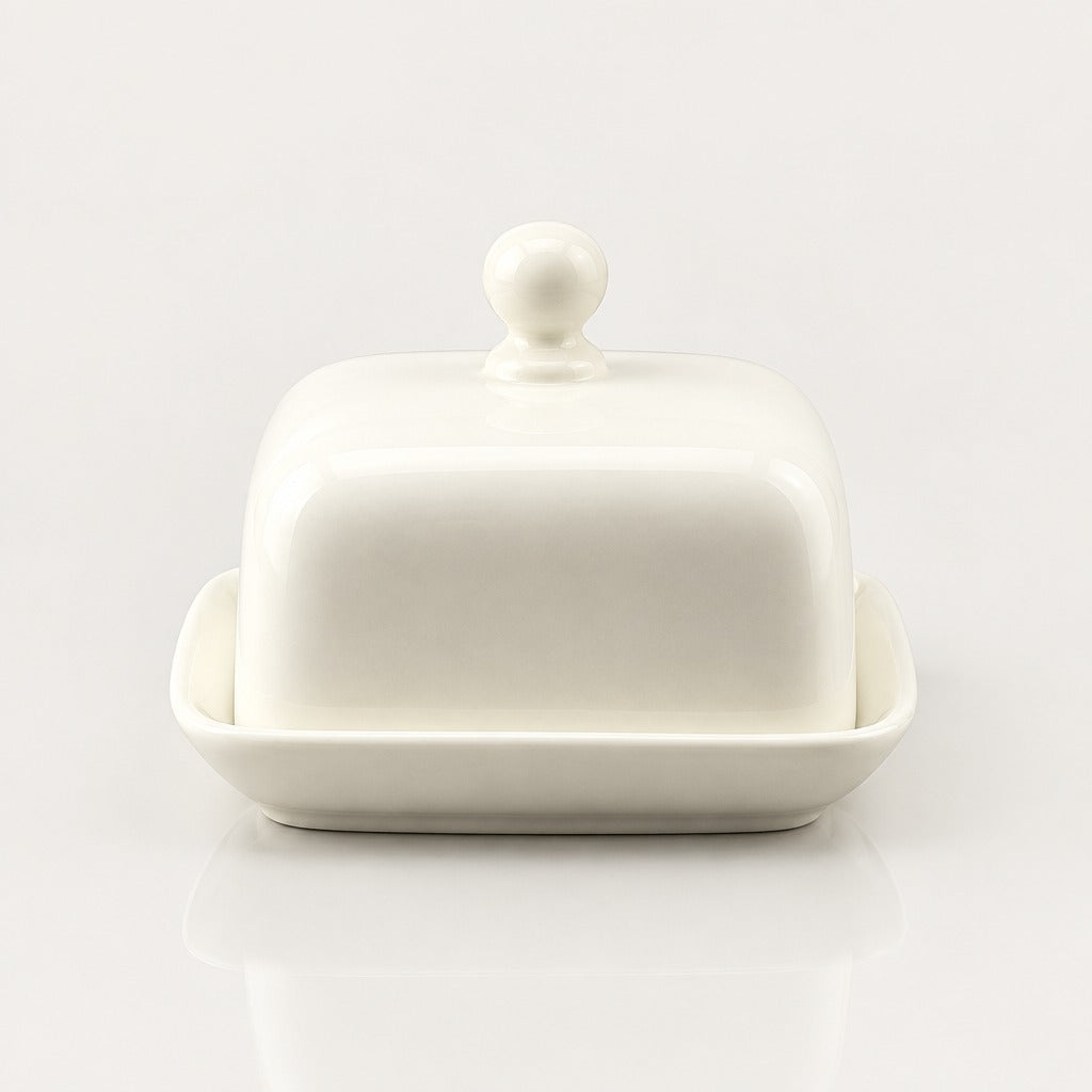 A white ceramic butter dish with a matching lid featuring a round knob and a shallow side dish base, shown on a clean white background with a soft reflection below.