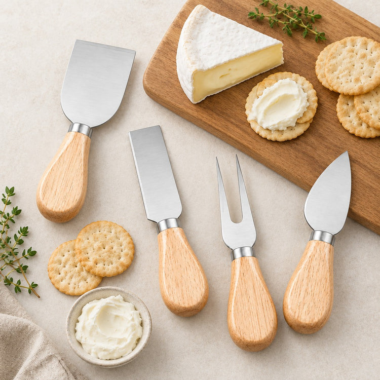 Four cheese and spread utensils with light wood handles and silver metal heads are arranged on a beige surface with crackers, brie cheese, and herbs. A wooden board with crackers and brie appears in the upper right.