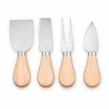 Four cheese and spread utensils with silver metal heads and light natural wood handles, arranged side by side on a white background.