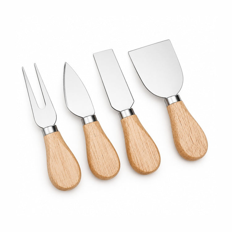 Four cheese knives with stainless steel blades and light wood handles, arranged diagonally on a white background.