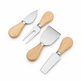 Four cheese and spread utensils with silver metal heads and light natural wood handles, arranged on a clean white background.