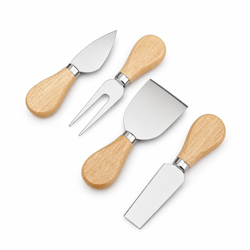 Four cheese and spread utensils with silver metal heads and light natural wood handles, arranged on a clean white background.
