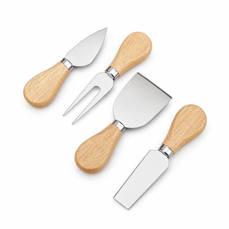 Four cheese and spread utensils with silver metal heads and light natural wood handles, arranged on a clean white background.
