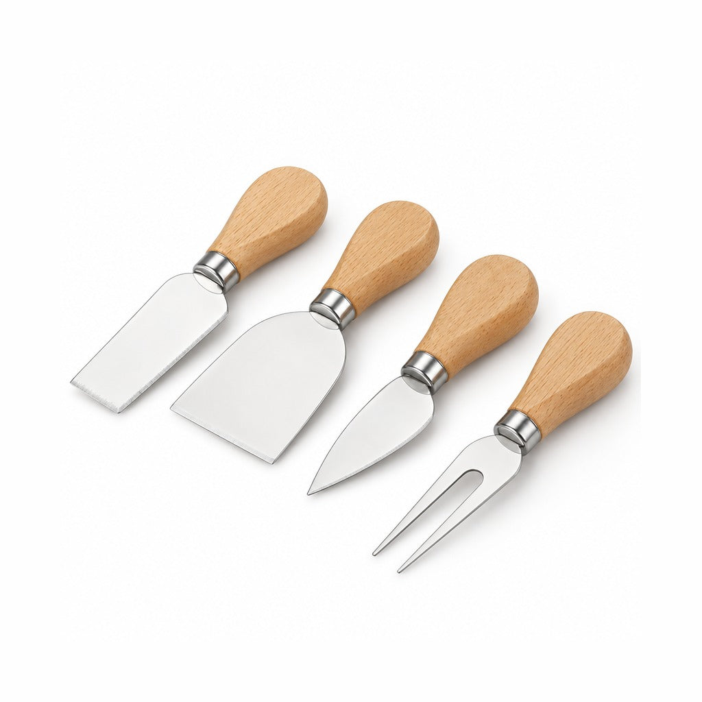 Four cheese knives with light wood handles and stainless steel blades, arranged diagonally on a white background.