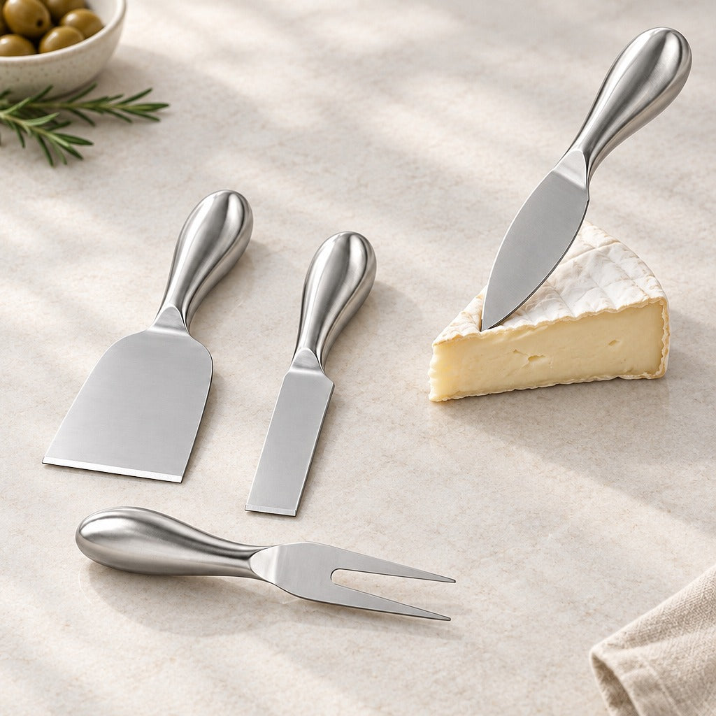 Four-piece stainless steel cheese board utensil set with a spatula, knife, fork, and smaller knife, arranged on a textured beige surface next to a wedge of brie cheese, olives, and rosemary.