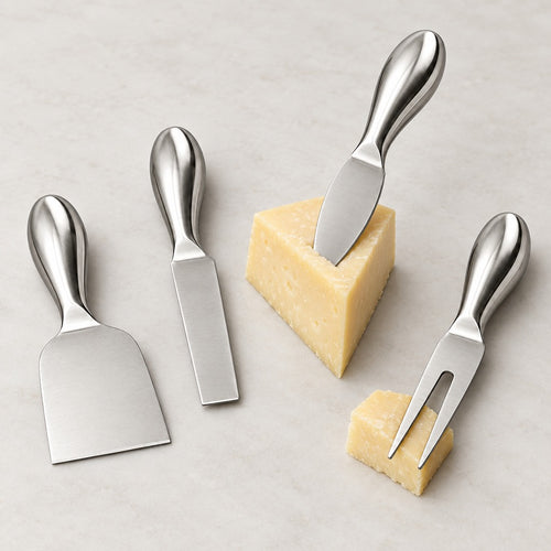 Four stainless steel cheese knives and spreaders arranged on a light stone surface, with two cheese knives inserted into a wedge of pale yellow cheese.