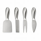 Four stainless steel cheese knives with ergonomic handles, arranged in a row on a plain white background.
