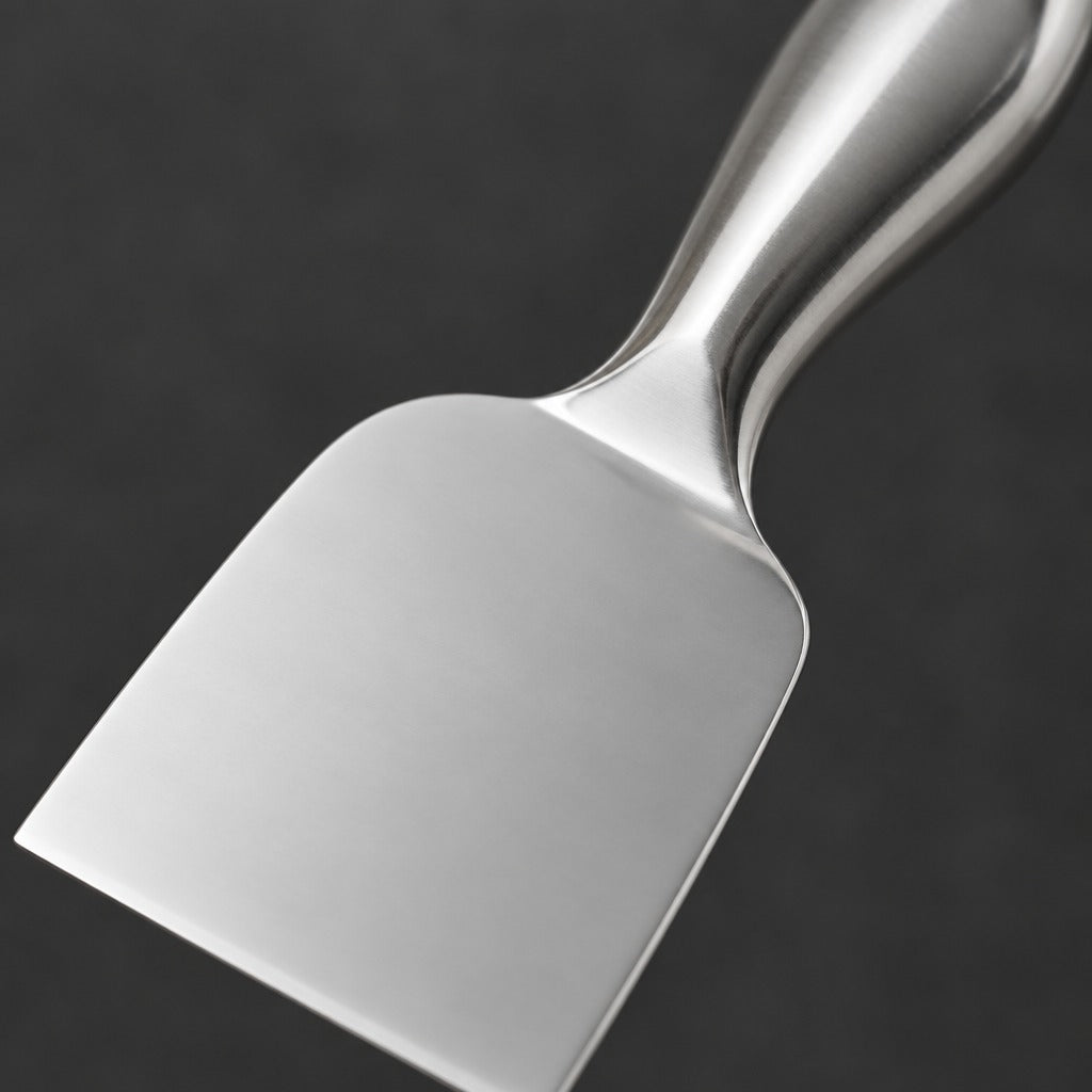 A close-up of a polished stainless steel spatula with a flat blade and curved handle, set against a dark gray background.