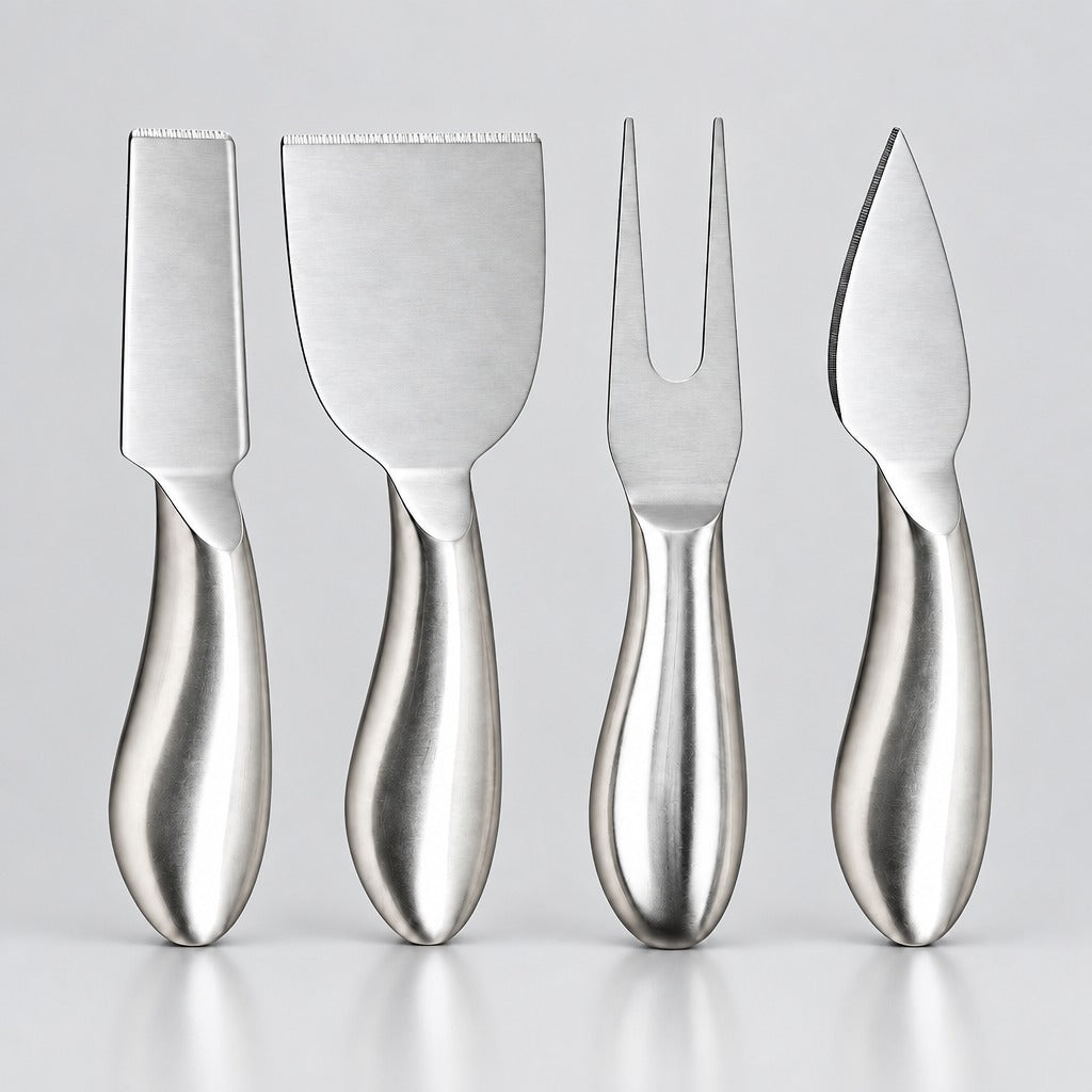 Four stainless steel cheese knives with ergonomic handles, arranged in a row against a light gray background.
