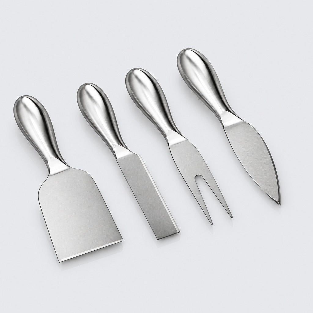 A stainless steel cheese knife and fork set with matching handles, shown crossed against a plain white background.