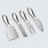 A stainless steel cheese knife and fork set with matching handles, shown crossed against a plain white background.