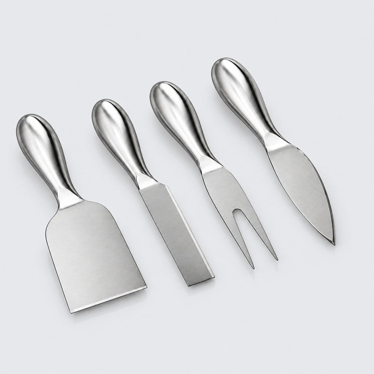 A stainless steel cheese knife and fork set with matching handles, shown crossed against a plain white background.