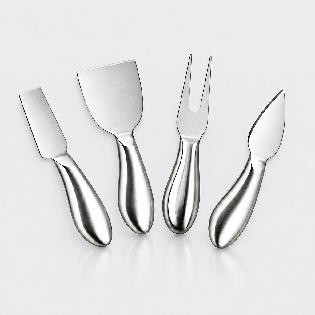 Four stainless steel cheese and carving utensils with ergonomic handles, arranged on a light gray reflective surface.