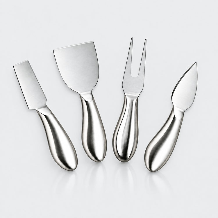 Four stainless steel cheese and carving utensils with ergonomic handles, arranged on a light gray reflective surface.