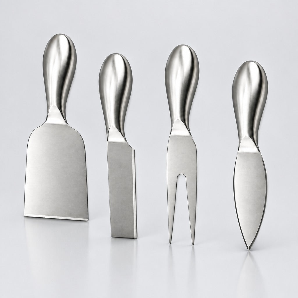 Four stainless steel cheese knives with ergonomic handles, arranged in a row on a light gray reflective surface.