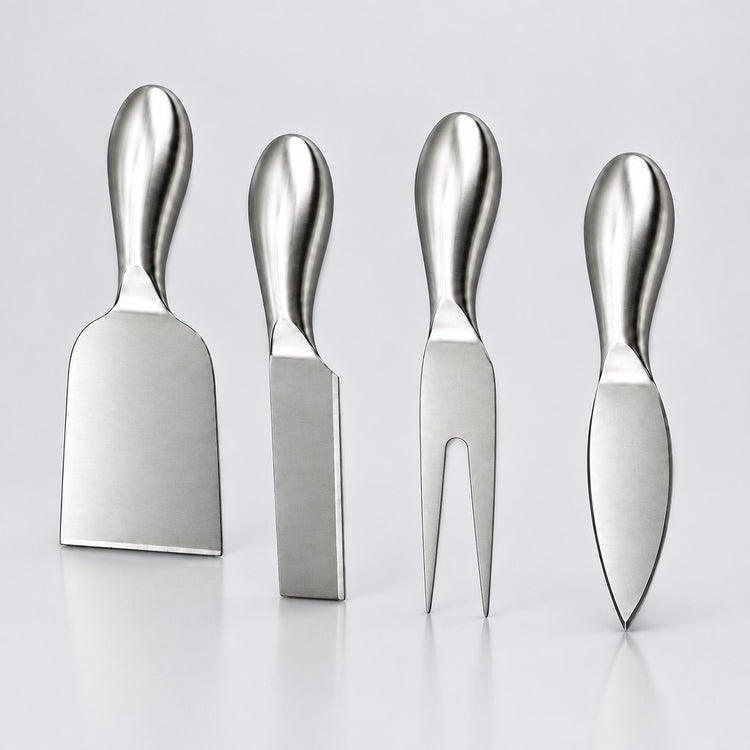 Four stainless steel cheese knives with ergonomic handles, arranged in a row on a light gray reflective surface.