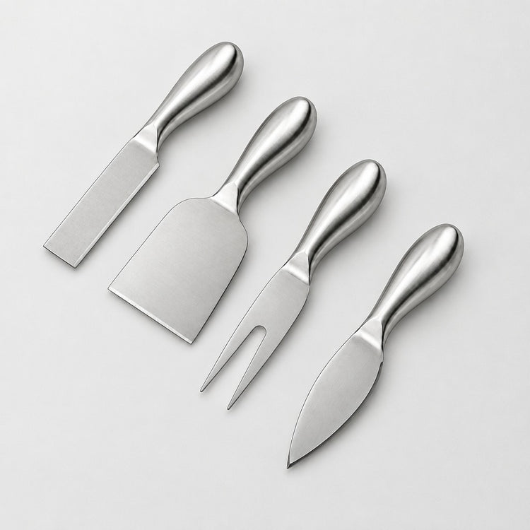 Four stainless steel cheese knives with polished handles arranged diagonally on a light gray background.