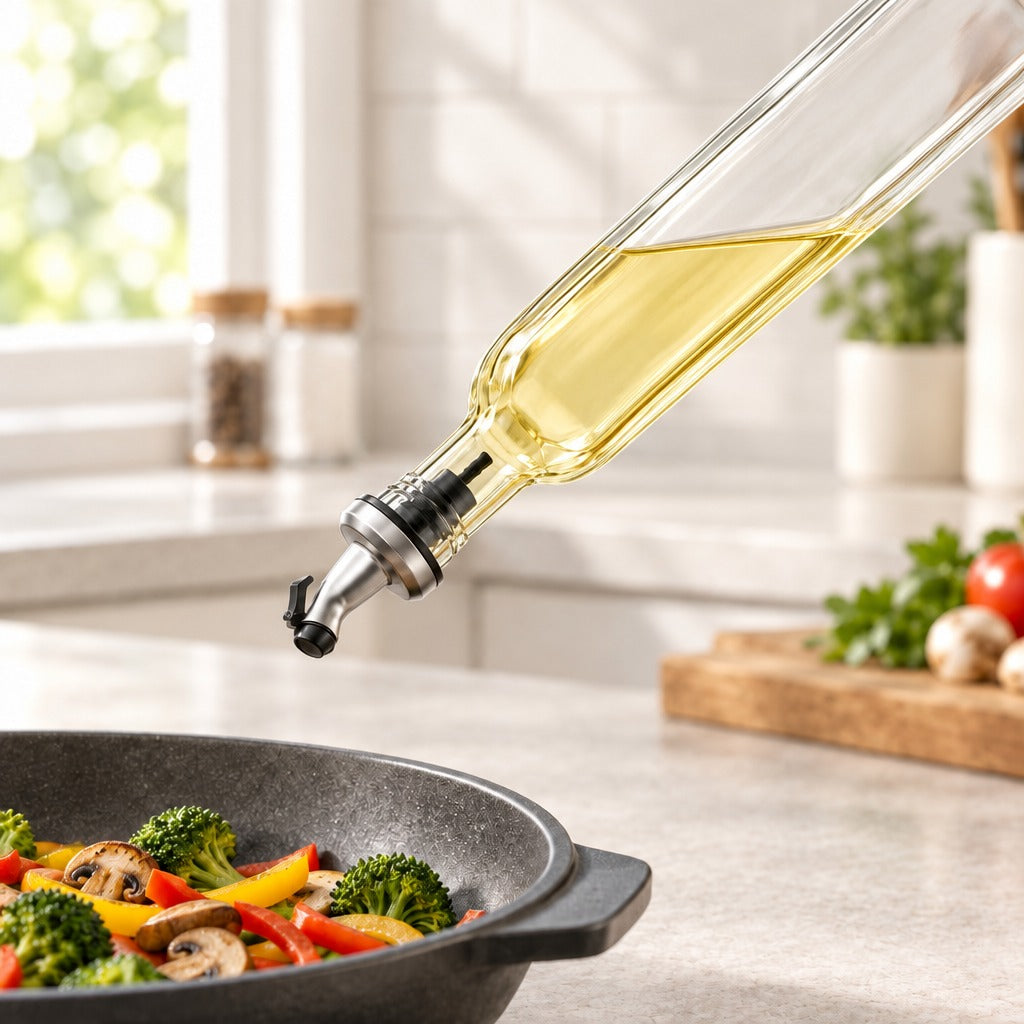 A clear glass oil dispenser bottle with a metal pour spout, filled with golden olive oil, shown dispensing oil over a black skillet containing broccoli, mushrooms, and peppers in a bright kitchen.