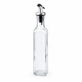 A tall, clear glass bottle with a silver metal pour spout and black rubber seal, shown on a plain white background.