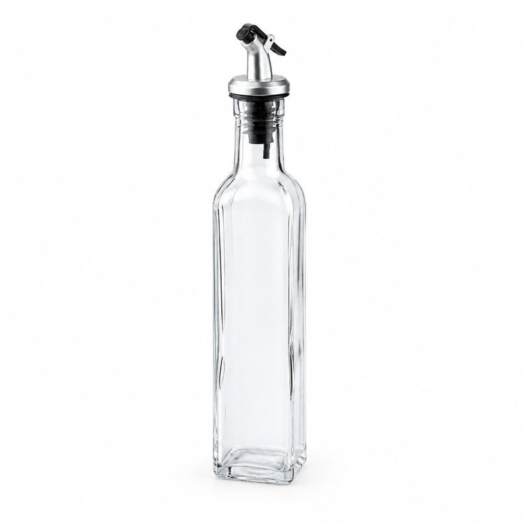 A tall, clear glass bottle with a silver metal pour spout and black rubber seal, shown on a plain white background.