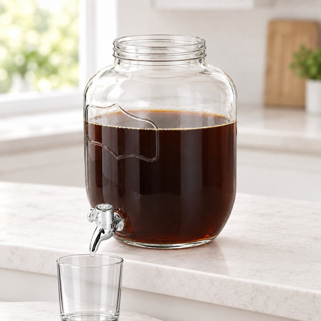 A large clear glass beverage dispenser with a built-in handle and a metal spout, filled with dark coffee, sitting on a white kitchen countertop next to a small clear glass cup.