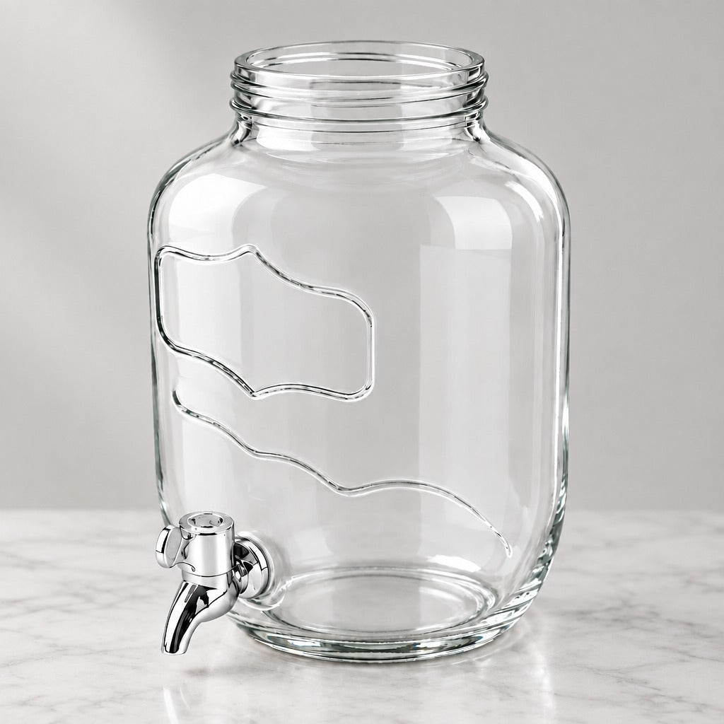 Clear glass beverage dispenser with a wide mouth, embossed wavy patterns, and a chrome metal spout, shown on a light marble surface against a neutral gray background.