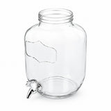 Clear glass beverage dispenser jar with a silver metal spout, shown empty on a white background.