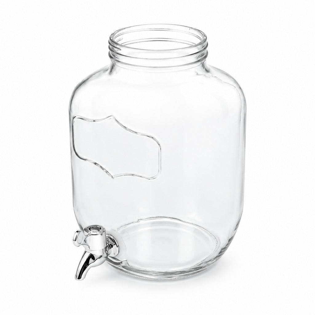 Clear glass beverage dispenser jar with a silver metal spout, shown empty on a white background.