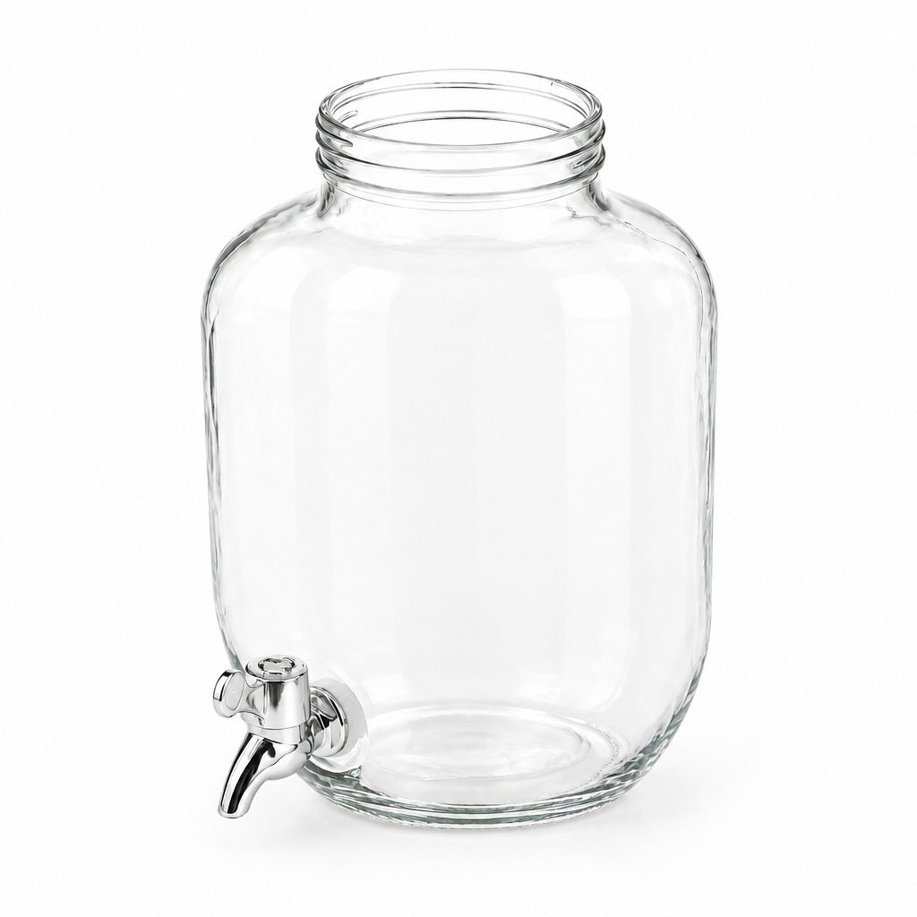 A large clear glass beverage dispenser jar with a silver metal spout, shown on a plain white background.