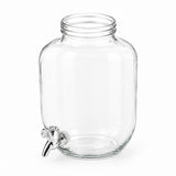 A large clear glass beverage dispenser jar with a silver metal spout, shown on a plain white background.