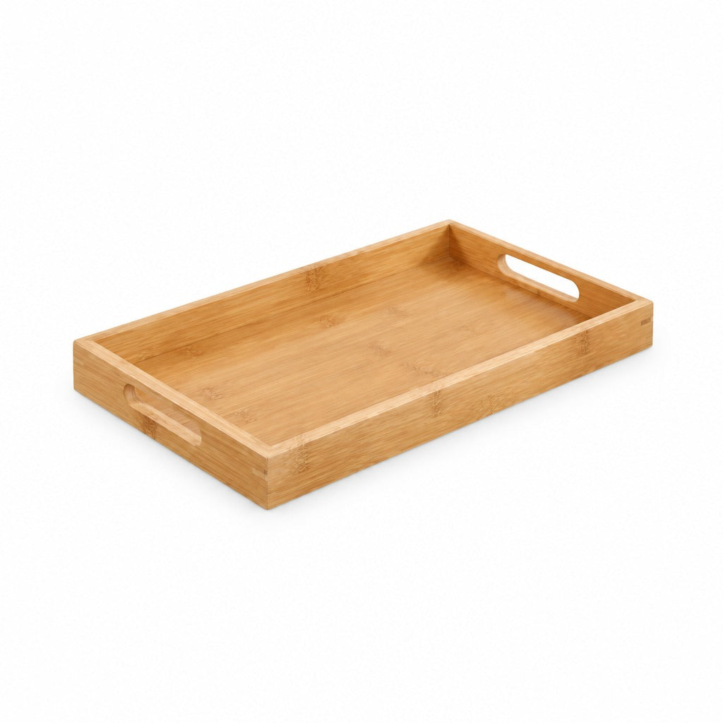 A rectangular bamboo serving tray with integrated cut-out handles on two sides, shown on a clean white background.