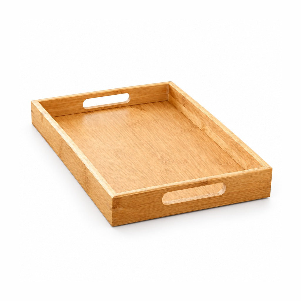 A rectangular bamboo serving tray with two cut-out handles on the sides, shown on a clean white background.